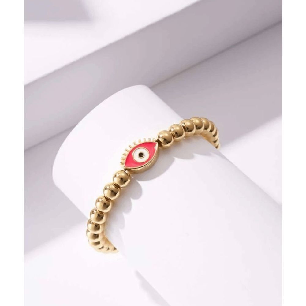 Eyelash Evil Eye Protection Gold Beaded Charm Bracelet - Pink
